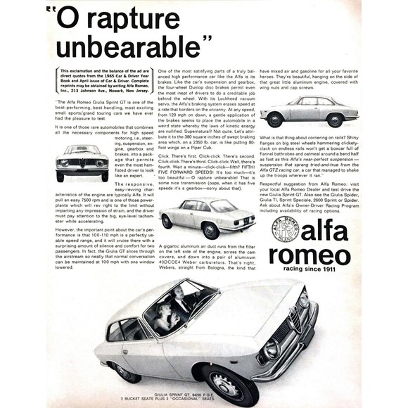 1965 Alfa Romeo Giulia Sprint GT Coupe photo "O Rapture Unbearable" print ad - Picture 1 of 1
